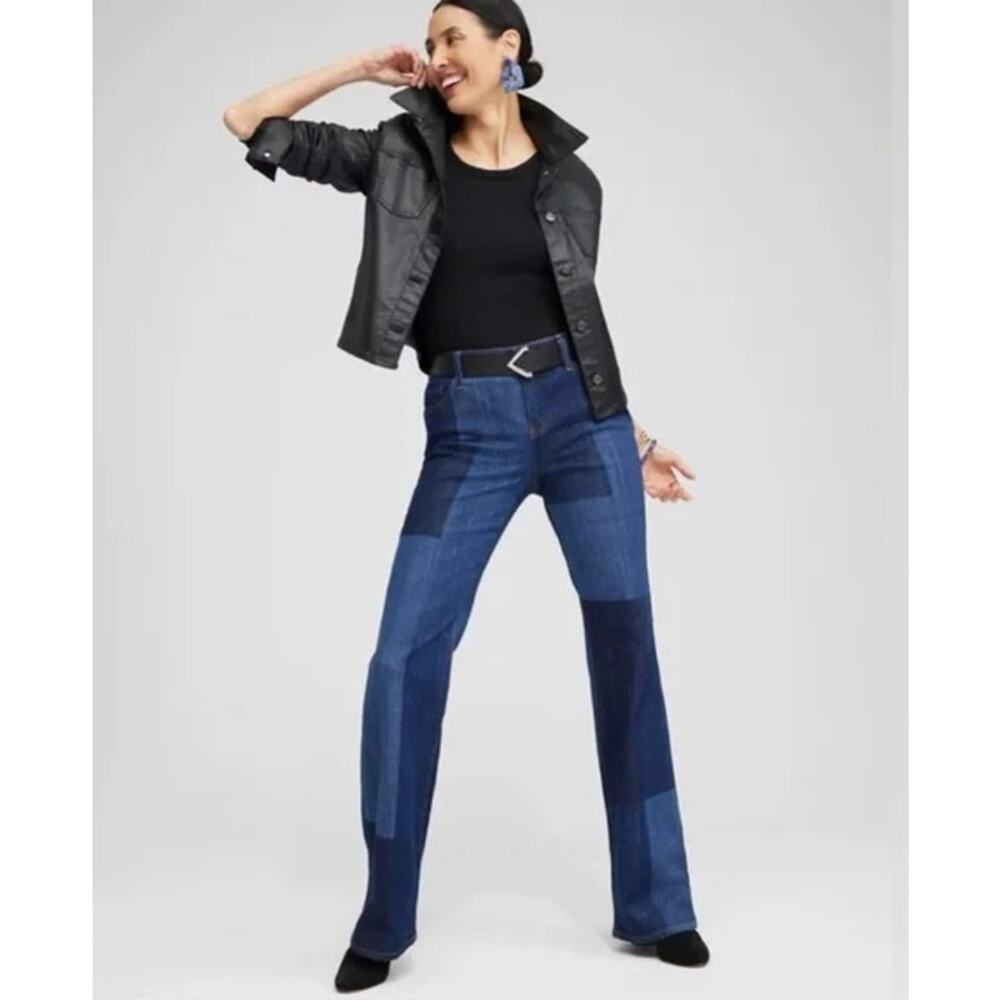 Chico’s So Slimming Girlfriend Laser Patch‎ Flare Jeans Blue Size 2